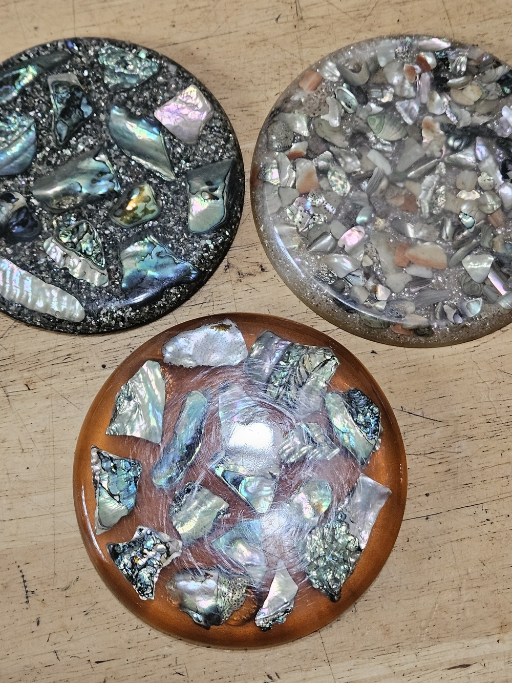 1970 Handcrafted Abalone Shell Decorative Trivets Set 3